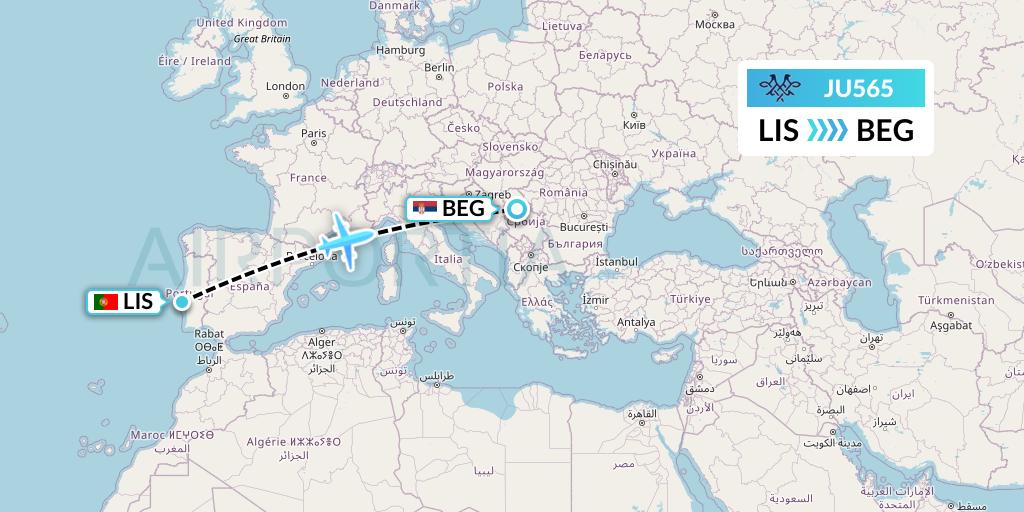 JU565 AirSERBIA Flight Map: Lisbon to Belgrade