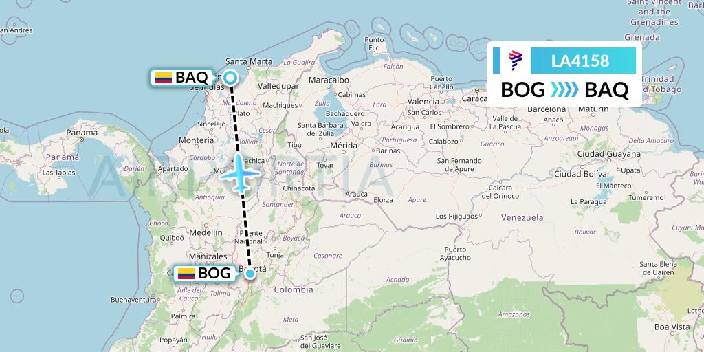 LA4158 LAN Airlines Flight Map: Bogota to Barranquilla