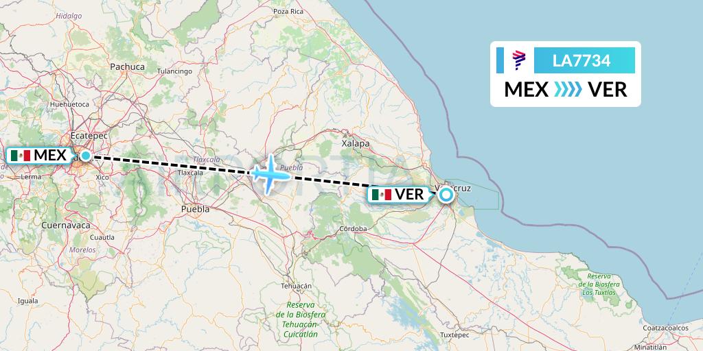 LA7734 LAN Airlines Flight Map: Mexico City to Veracruz