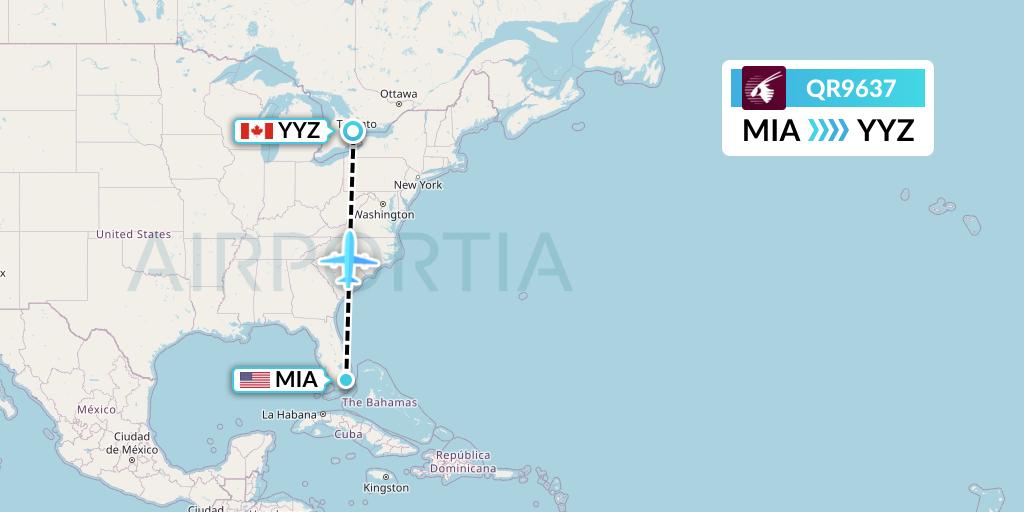 QR9637 Qatar Airways Flight Map: Miami to Toronto