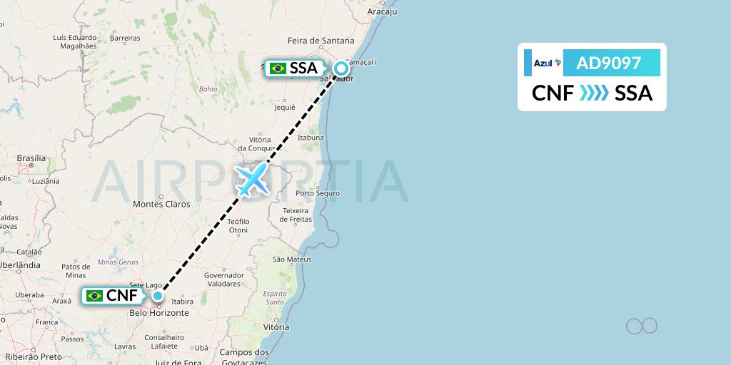 AD9097 Azul Brazilian Airlines Flight Map: Belo Horizonte to Salvador
