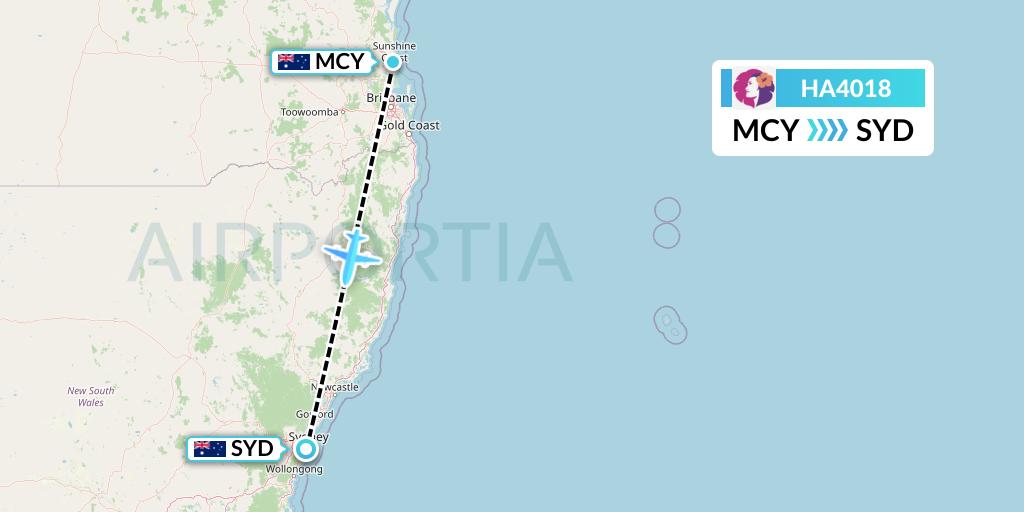 HA4018 Hawaiian Airlines Flight Map: Sunshine Coast to Sydney