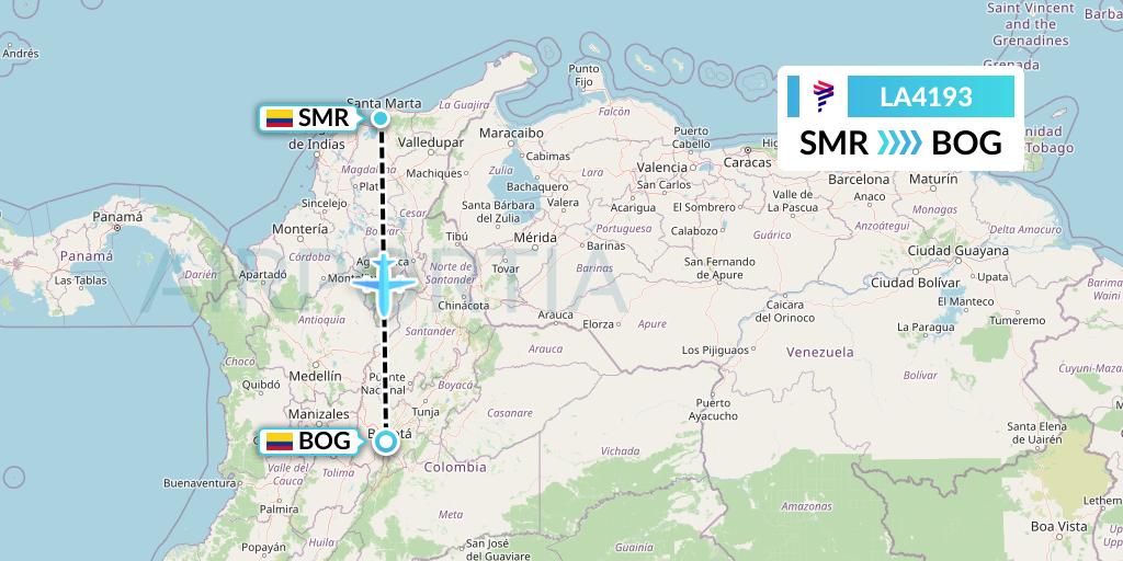 LA4193 LAN Airlines Flight Map: Santa Marta to Bogota