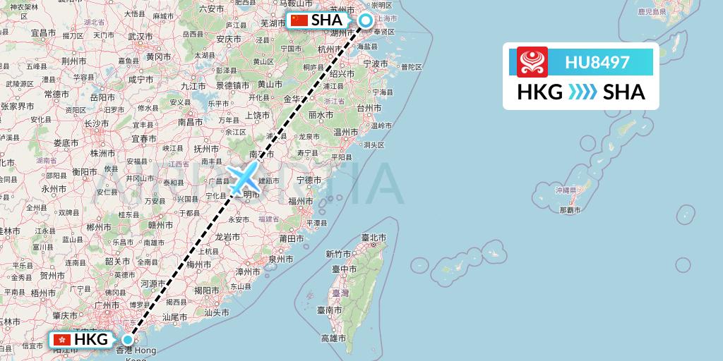 HU8497 Hainan Airlines Flight Map: Hong Kong to Shanghai