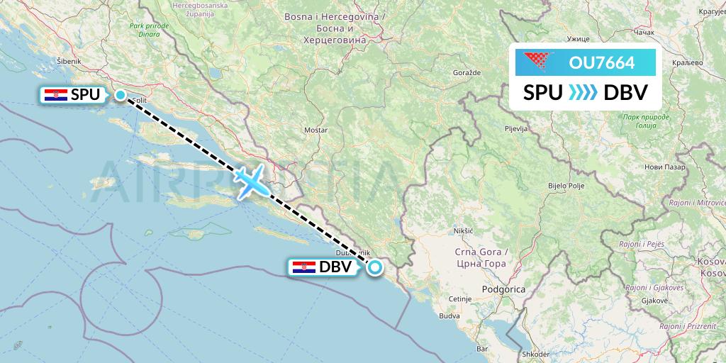 OU7664 Croatia Airlines Flight Map: Split to Dubrovnik