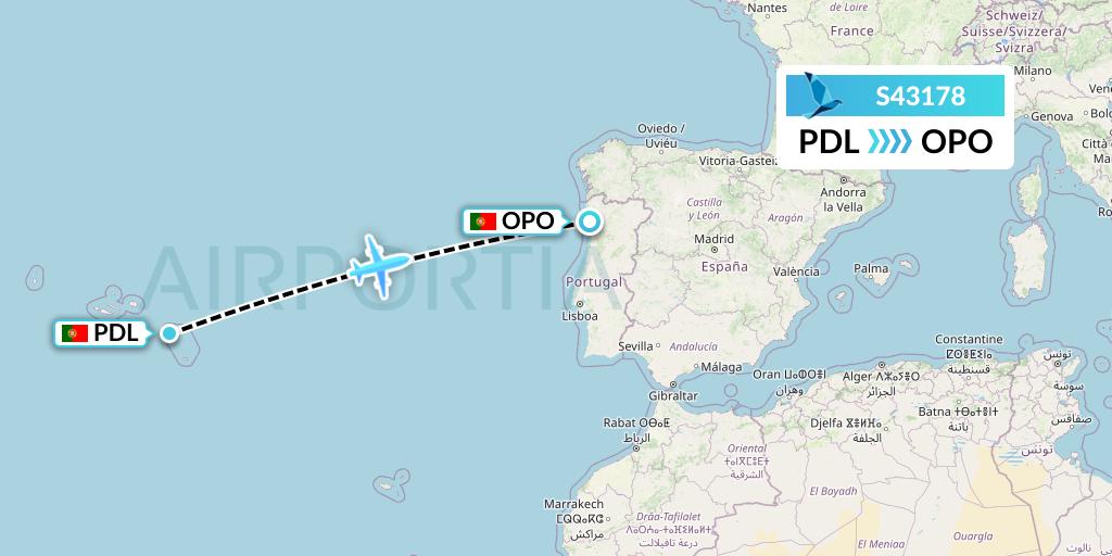 S43178 Azores Airlines Flight Map: Ponta Delgada to Porto