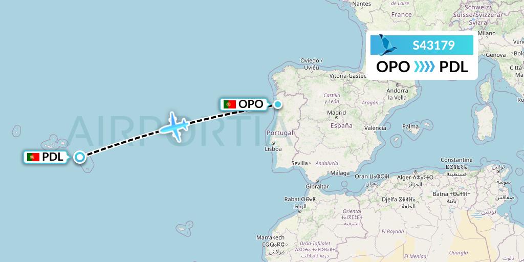 S43179 Azores Airlines Flight Map: Porto to Ponta Delgada