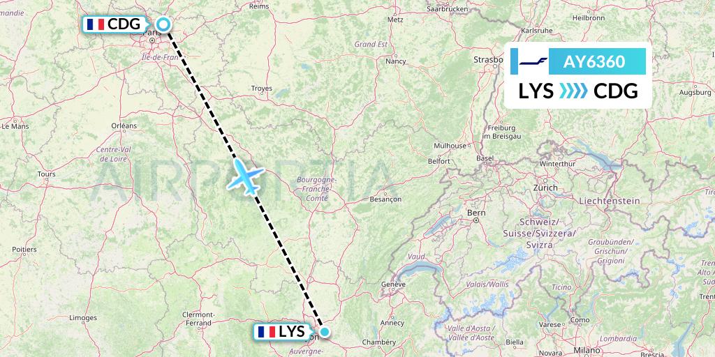 AY6360 Finnair Flight Map: Lyon to Paris