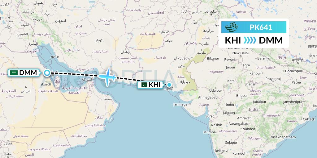 PK641 Pakistan International Airlines Flight Map: Karachi to Dammam