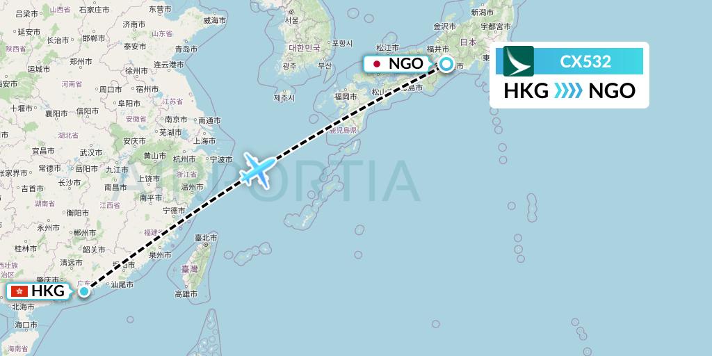 CX532 Cathay Pacific Flight Map: Hong Kong to Nagoya