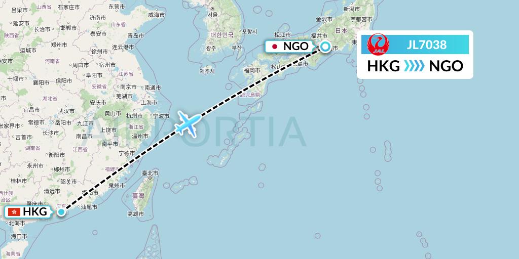 JL7038 Japan Airlines Flight Map: Hong Kong to Nagoya