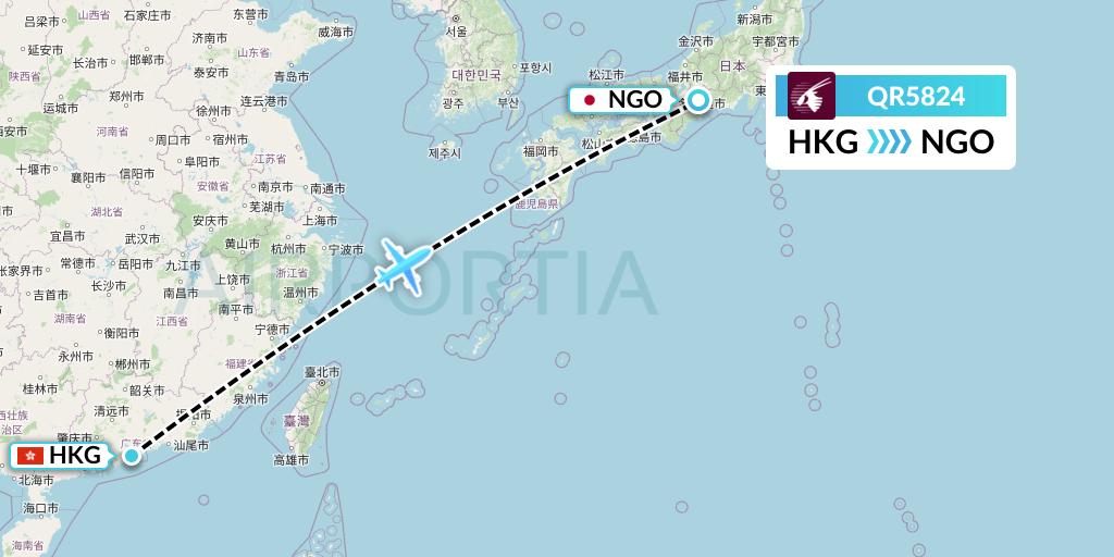 QR5824 Qatar Airways Flight Map: Hong Kong to Nagoya