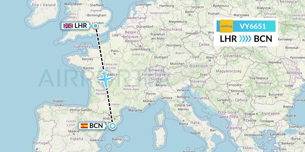 VY6651 Vueling Flight Map: London to Barcelona