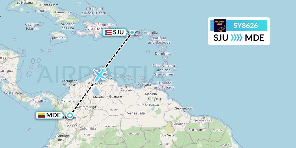 5Y8626 Atlas Air Flight Map: San Juan to Medellin
