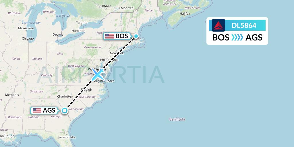 DL5864 Delta Air Lines Flight Map: Boston to Augusta