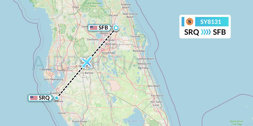SY8131 Sun Country Airlines Flight Map: Sarasota to Orlando