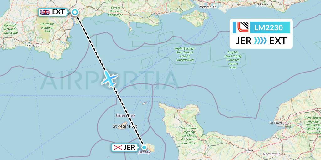 LM2230 Loganair Flight Map: Jersey to Exeter