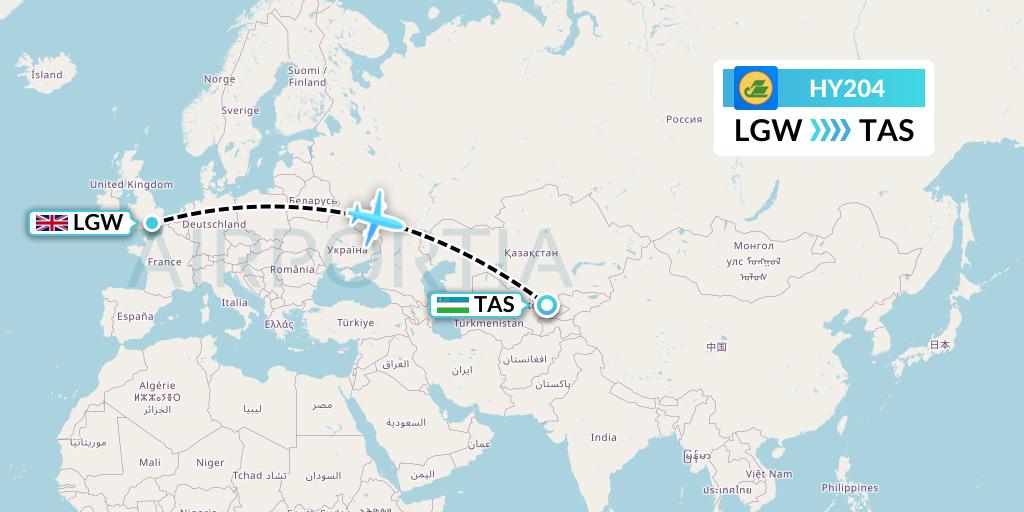 HY204 Uzbekistan Airways Flight Map: London to Tashkent