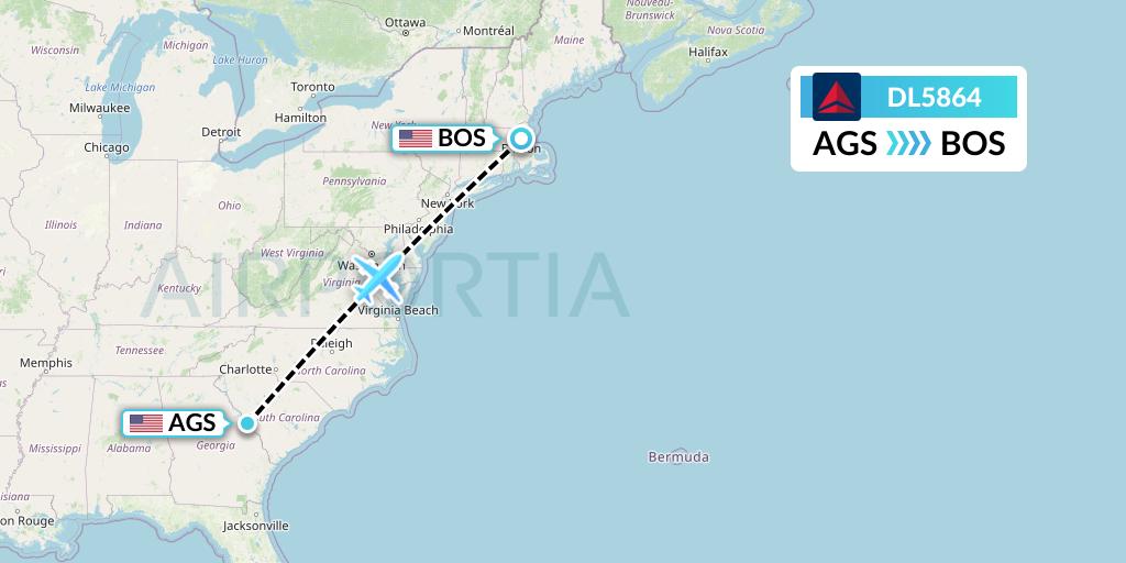 DL5864 Delta Air Lines Flight Map: Augusta to Boston