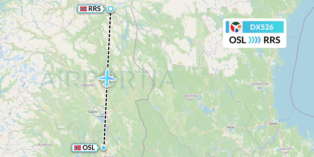 DX526 Danish Air Transport Flight Map: Oslo to Roros