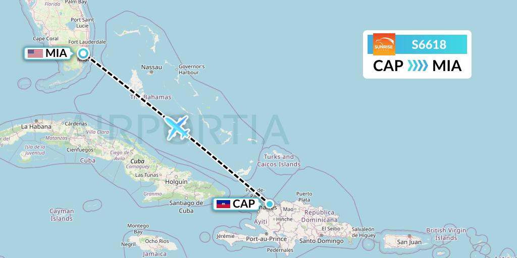 S6618 Sunrise Airways Flight Map: Cap-Haitien to Miami
