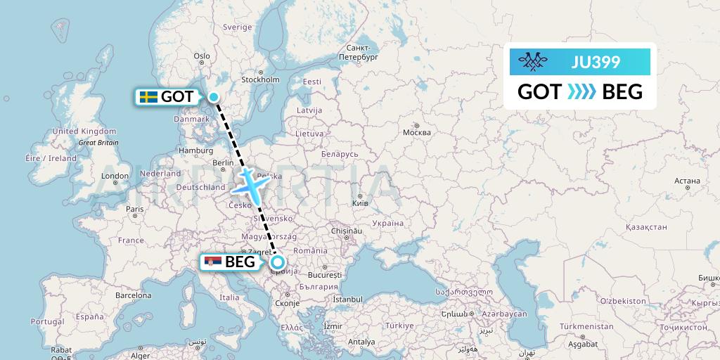 JU399 AirSERBIA Flight Map: Gothenburg to Belgrade