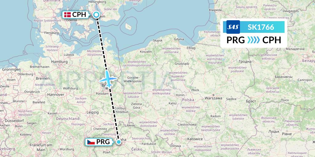SK1766 SAS Flight Map: Prague to Copenhagen