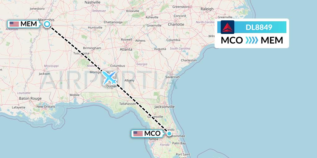 DL8849 Delta Air Lines Flight Map: Orlando to Memphis