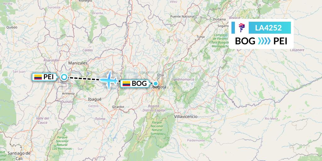 LA4252 LAN Airlines Flight Map: Bogota to Pereira