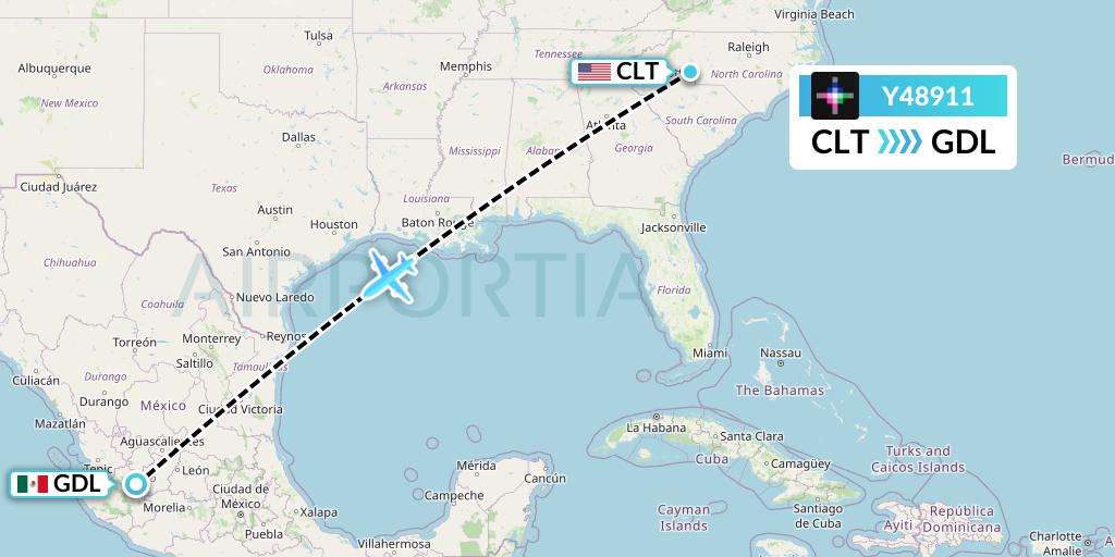Y48911 Volaris Flight Map: Charlotte to Guadalajara