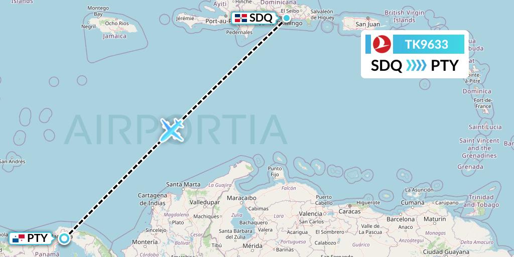 TK9633 Turkish Airlines Flight Map: Santo Domingo to Panama City