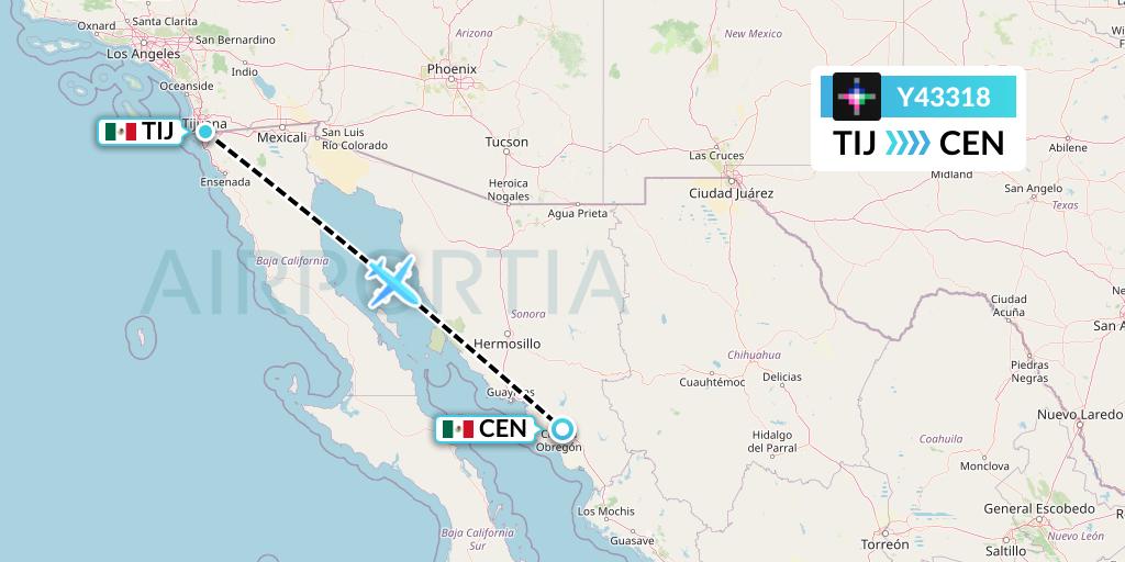 Y43318 Volaris Flight Map: Tijuana to Ciudad Obregon
