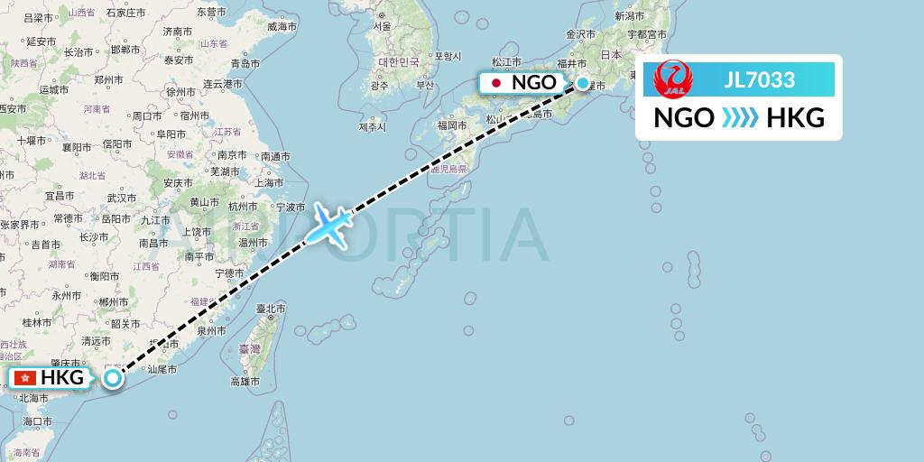 JL7033 Japan Airlines Flight Map: Nagoya to Hong Kong