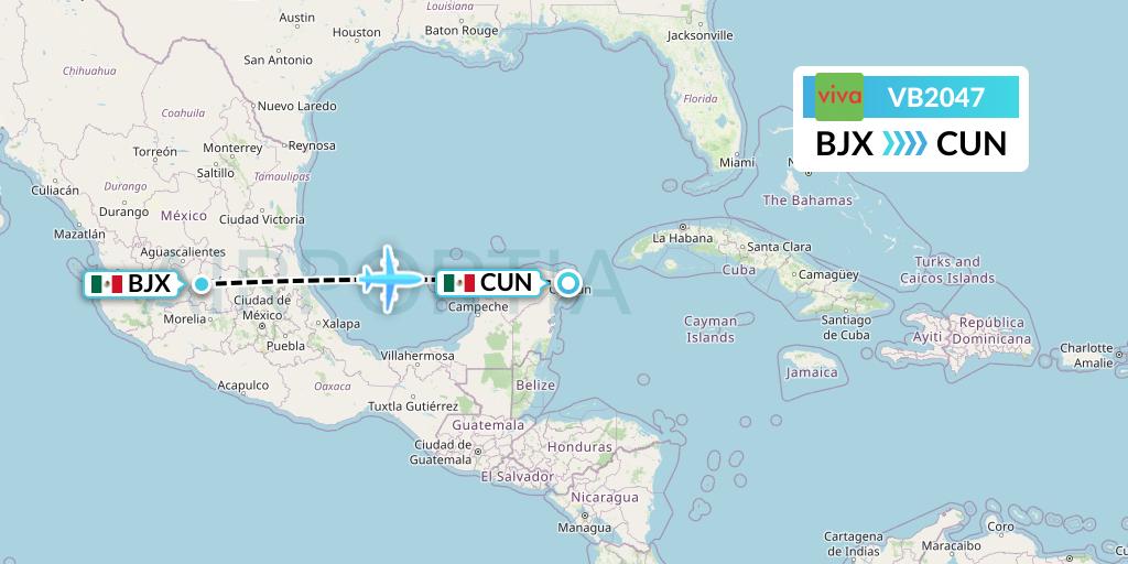 VB2047 VivaAerobus Flight Map: Silao to Cancun