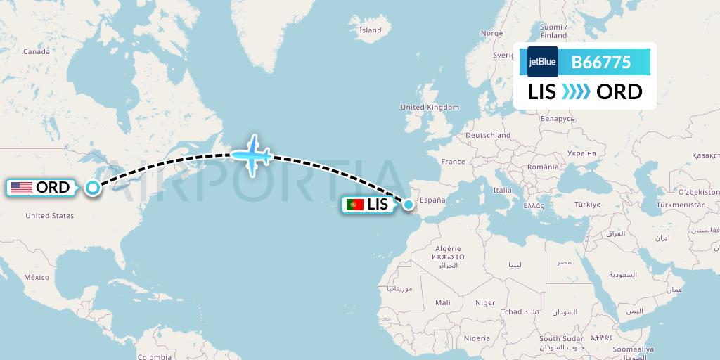 B66775 JetBlue Airways Flight Map: Lisbon to Chicago
