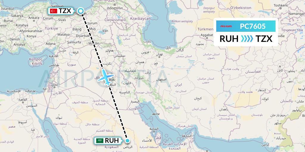 PC7605 Pegasus Airlines Flight Map: Riyadh to Trabzon