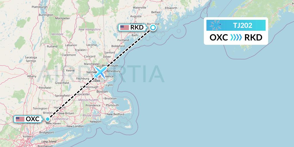 TJ202 Tradewind Aviation Flight Map: Oxford to Rockland