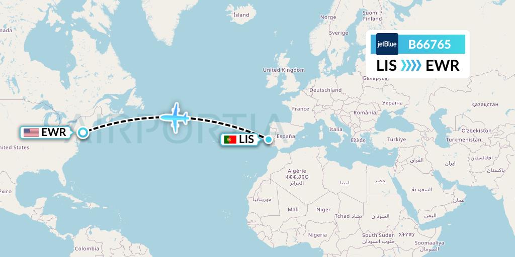 B66765 JetBlue Airways Flight Map: Lisbon to New York
