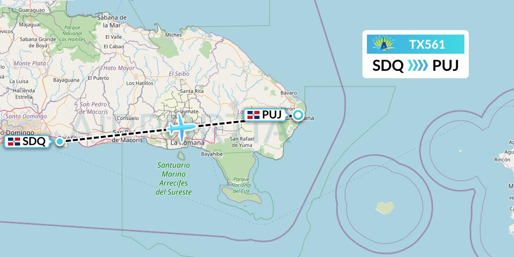 TX561 Air Caraibes Flight Map: Santo Domingo to Punta Cana