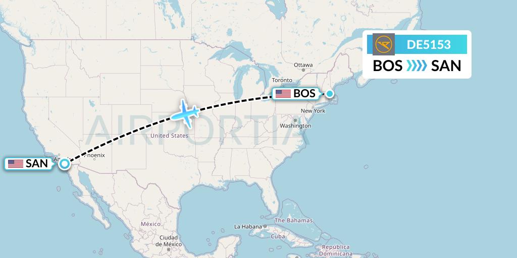 DE5153 Condor Flight Map: Boston to San Diego
