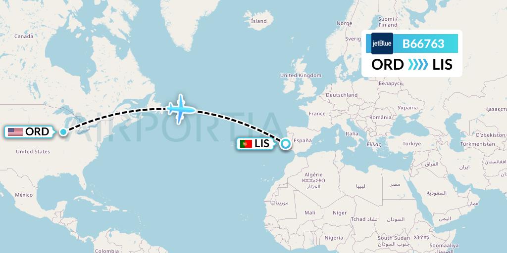 B66763 JetBlue Airways Flight Map: Chicago to Lisbon