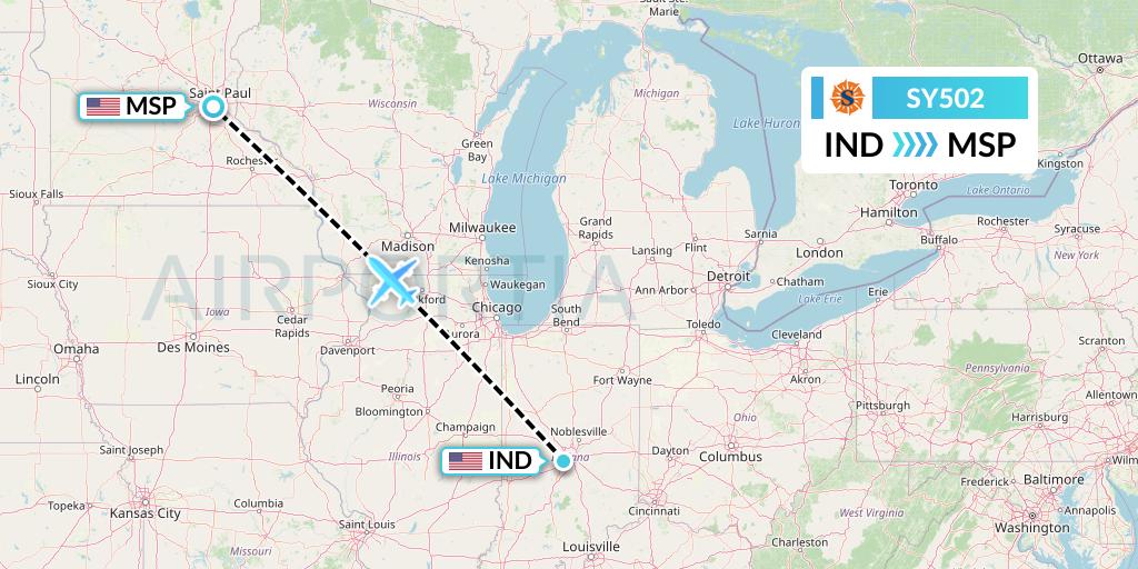 SY502 Sun Country Airlines Flight Map: Indianapolis to Minneapolis
