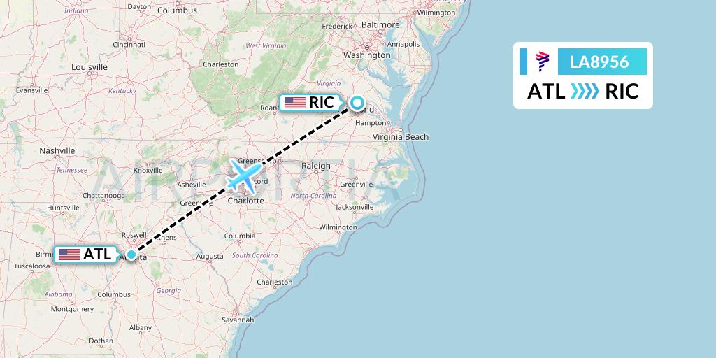 LA8956 LAN Airlines Flight Map: Atlanta to Richmond