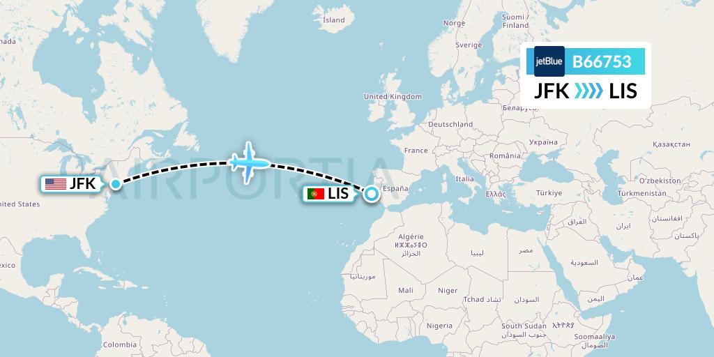 B66753 JetBlue Airways Flight Map: New York to Lisbon