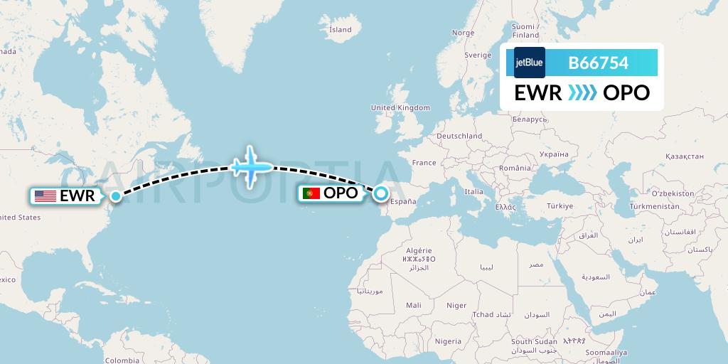 B66754 JetBlue Airways Flight Map: New York to Porto