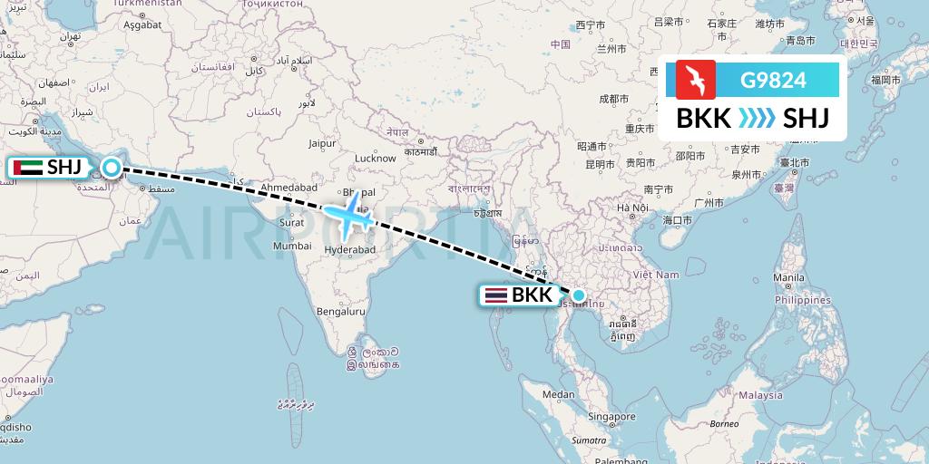 G9824 Air Arabia Flight Map: Bangkok to Sharjah