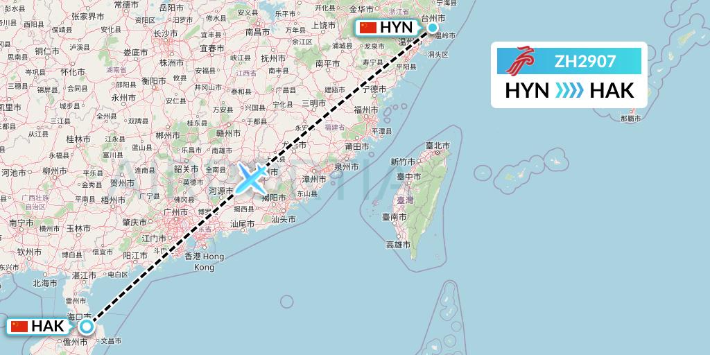 ZH2907 Shenzhen Airlines Flight Map: Huangyan to Haikou