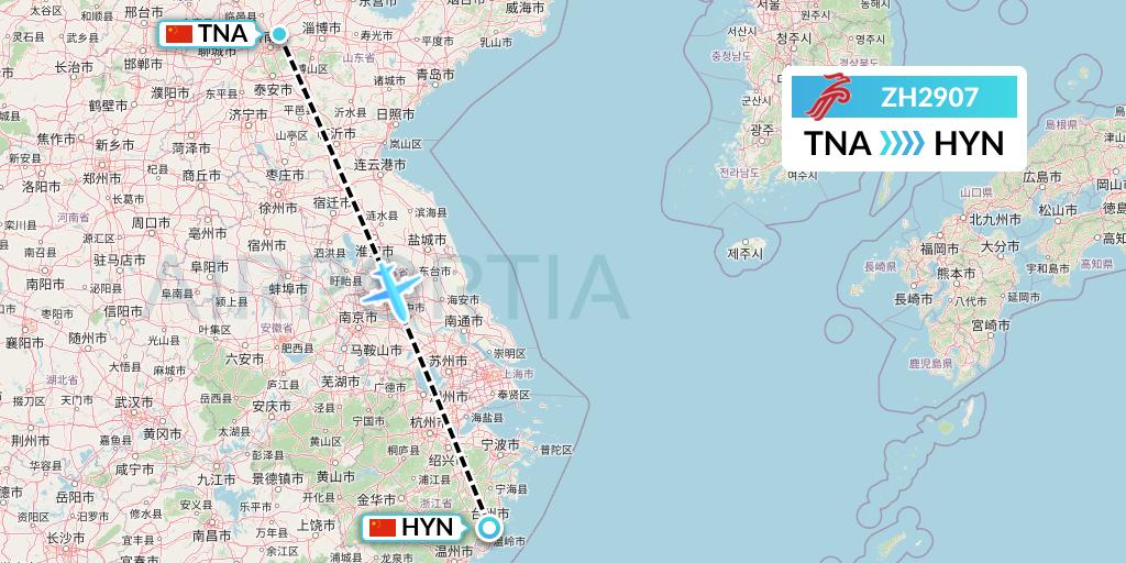 ZH2907 Shenzhen Airlines Flight Map: Jinan to Huangyan