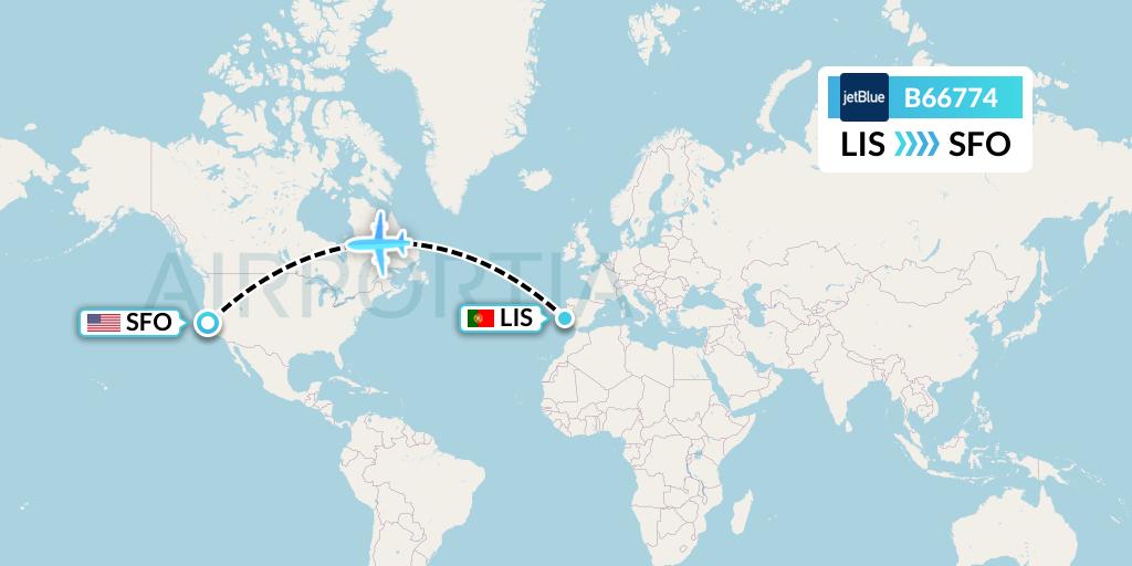 B66774 JetBlue Airways Flight Map: Lisbon to San Francisco