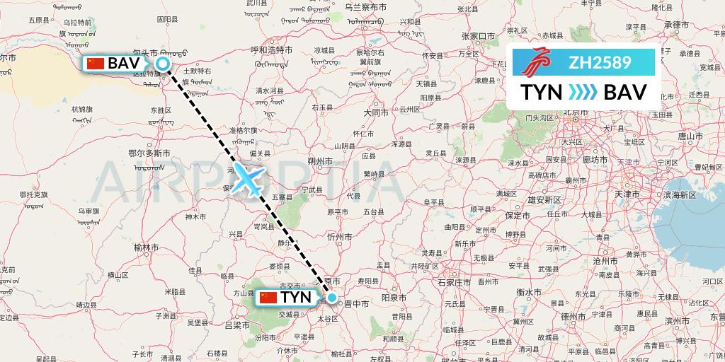 ZH2589 Shenzhen Airlines Flight Map: Taiyuan to Baotou